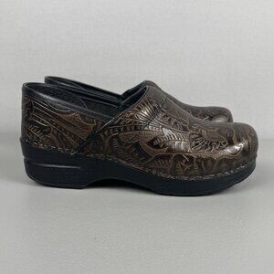 Dansko Professional Clogs Shoes Leather Tooled Embossed Women 38 US 8 Brown